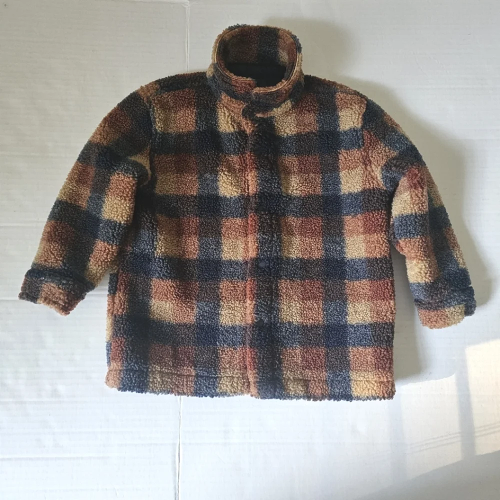 Scene & Heard Childs Jacket Size 4-5 Brown Navy Plaid Snap Front Teddy Fabric - Picture 1 of 11